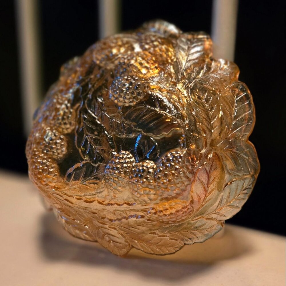 Vintage Iridescent Carnival Glass Marigold Blackberry leaf LoganBerry Amber dish
